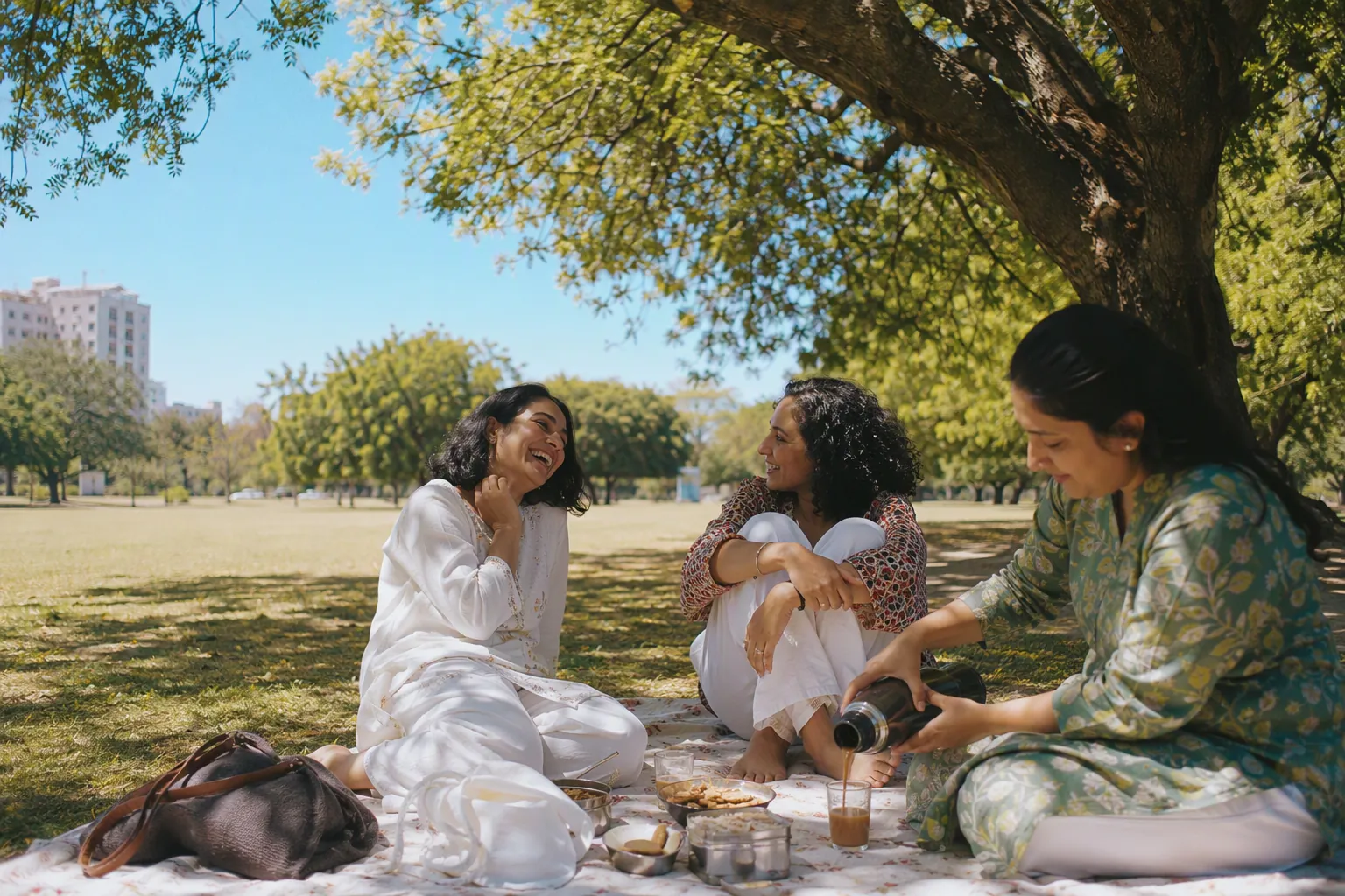 Three friends laughing over chai on a picnic blanket under a tree on a sunny afternoon