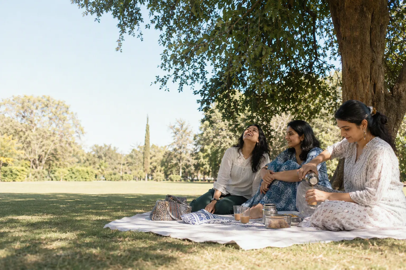 Three friends laughing over chai on a picnic blanket under a tree on a sunny afternoon