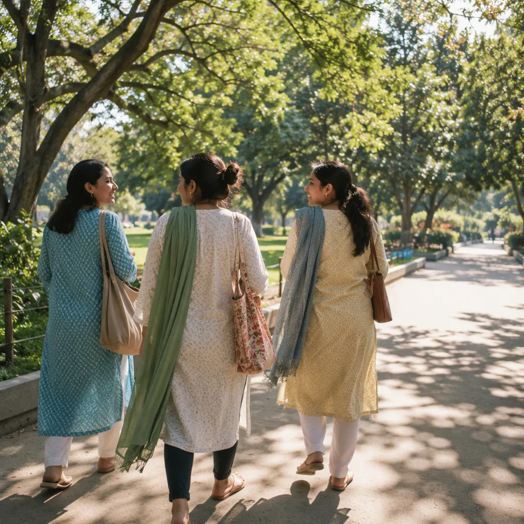 Three women walking a tree-lined park path