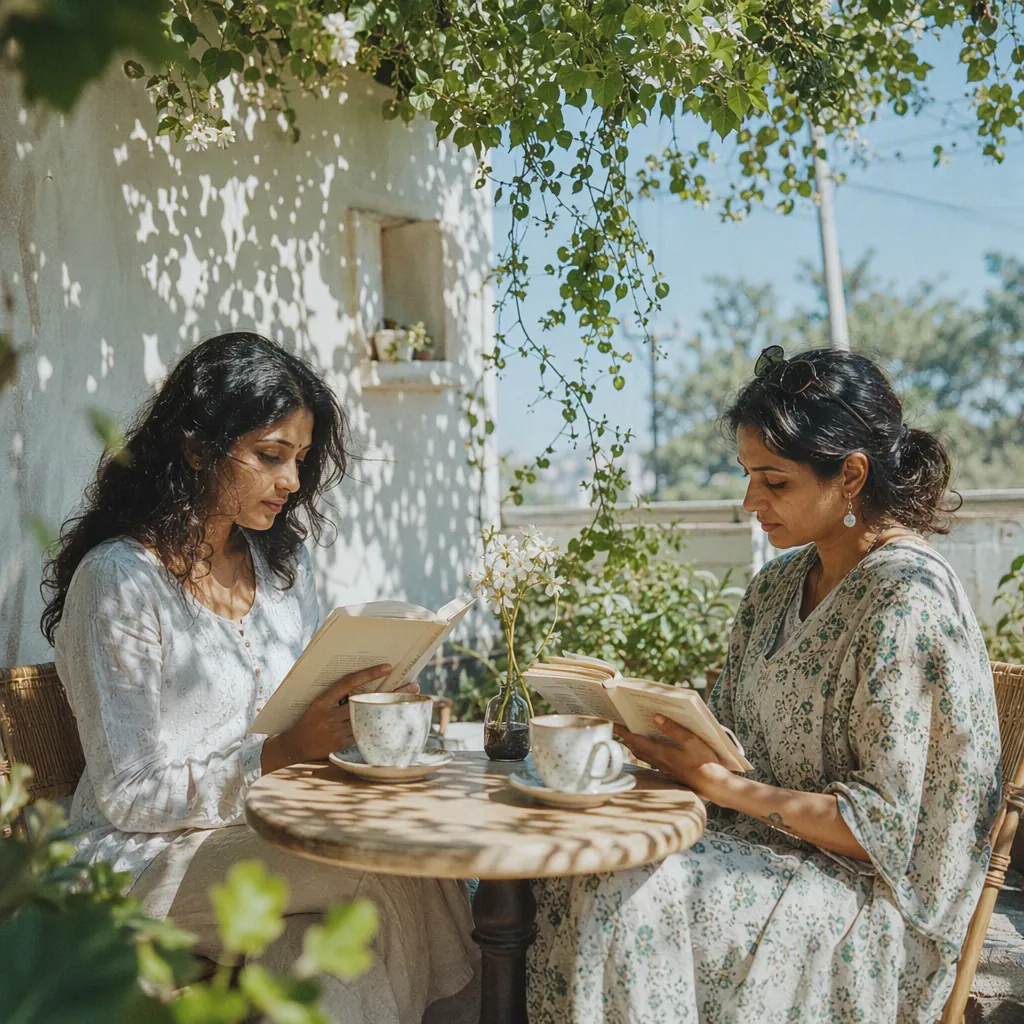 Two women reading at a shaded café table