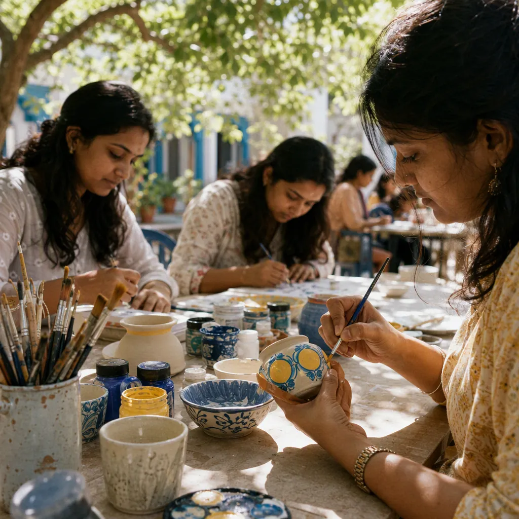 Hands painting clay pots at an outdoor table