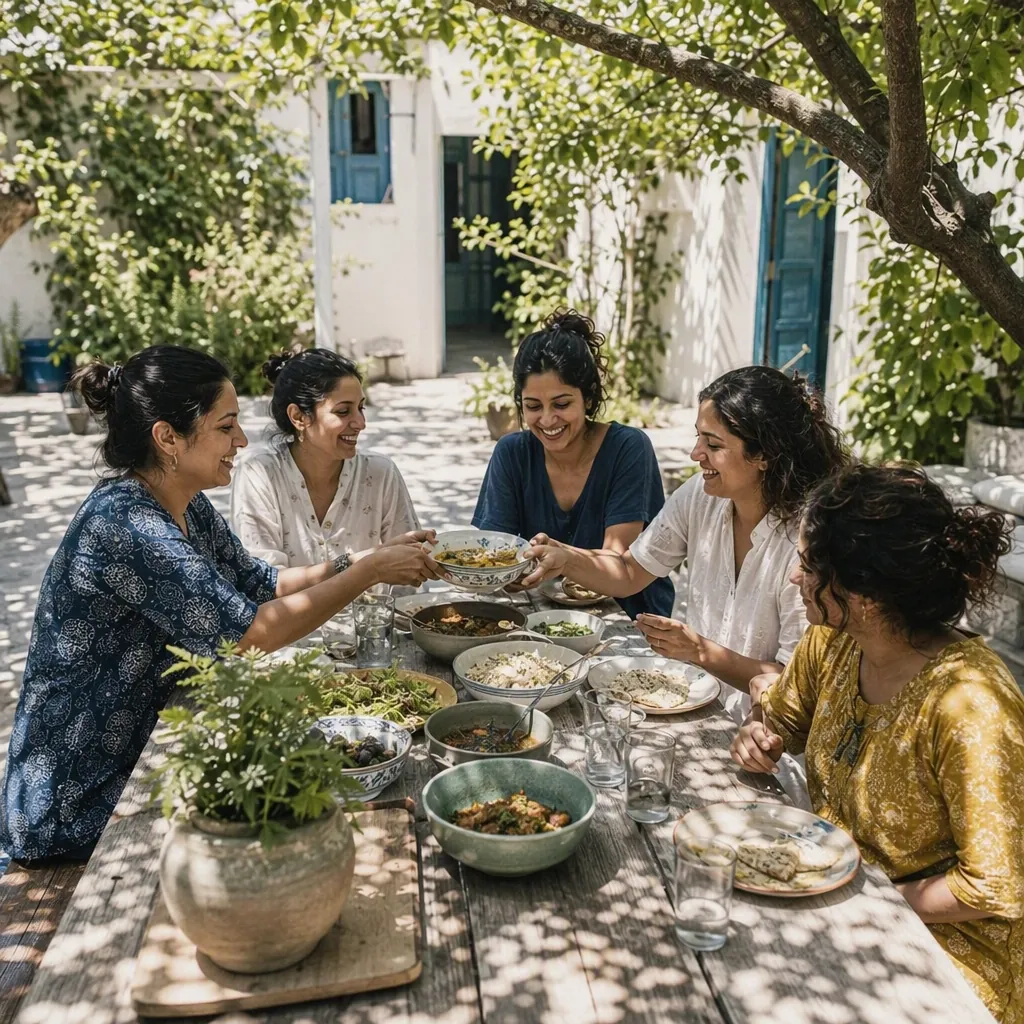 Women sharing lunch at a long table under a tree